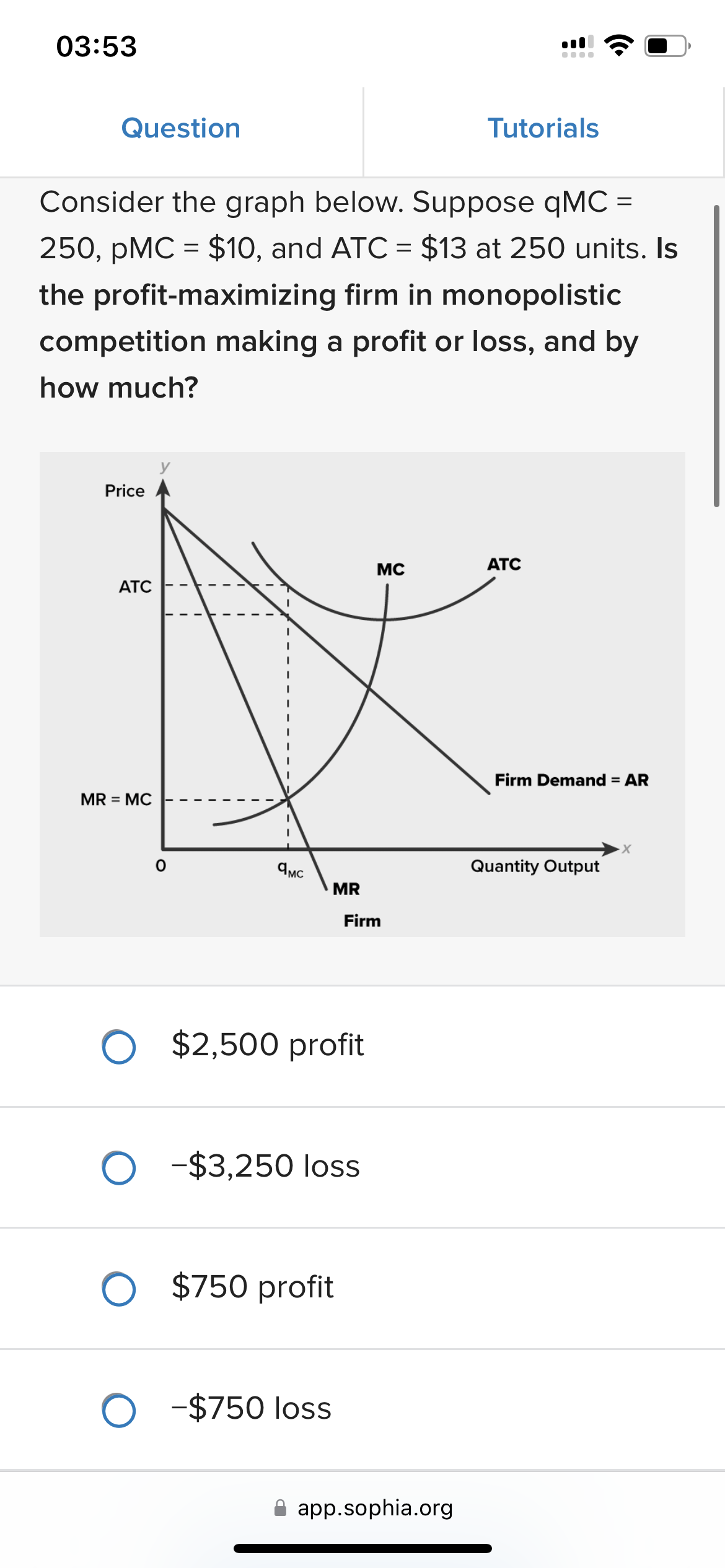  03:53 Question Tutorials Consider the graph below. Suppose qMC =250,pMC=$10, and