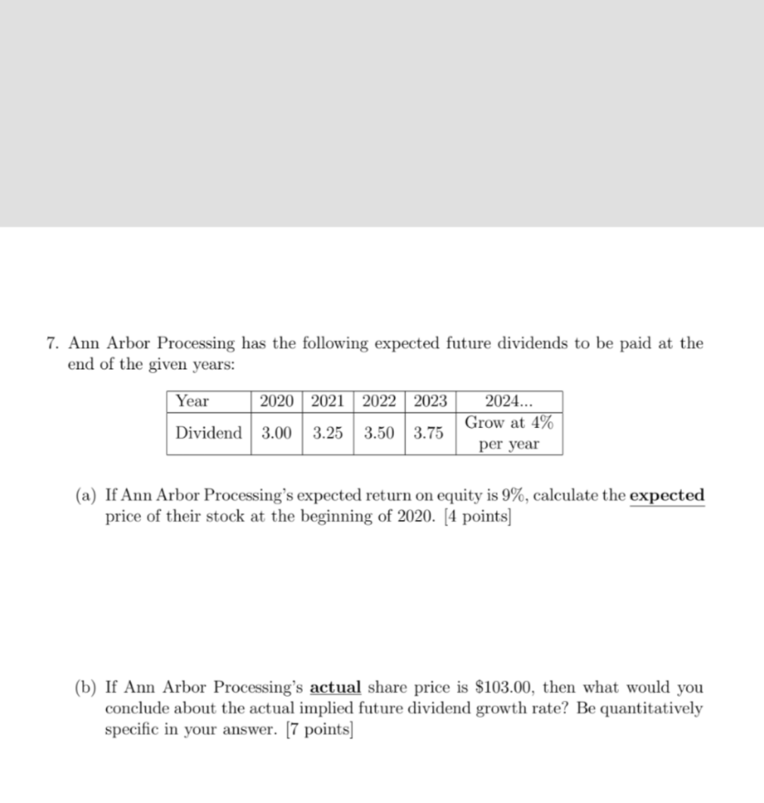 7. Ann Arbor Processing has the following expected future dividends to