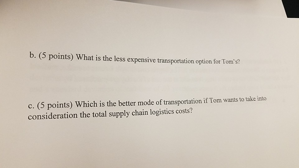 points). 1. (40 points) You are the transportation manager for Tom's, a