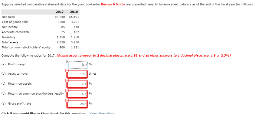  Suppose selected comparative statement data for the giant bookseller Barnes &
