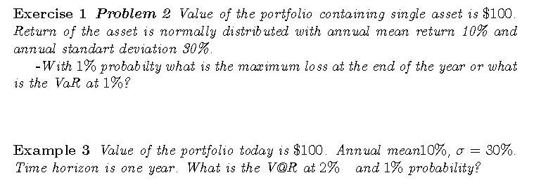  Exercise 1 Problem 2 Value of the portfolio containing single asset