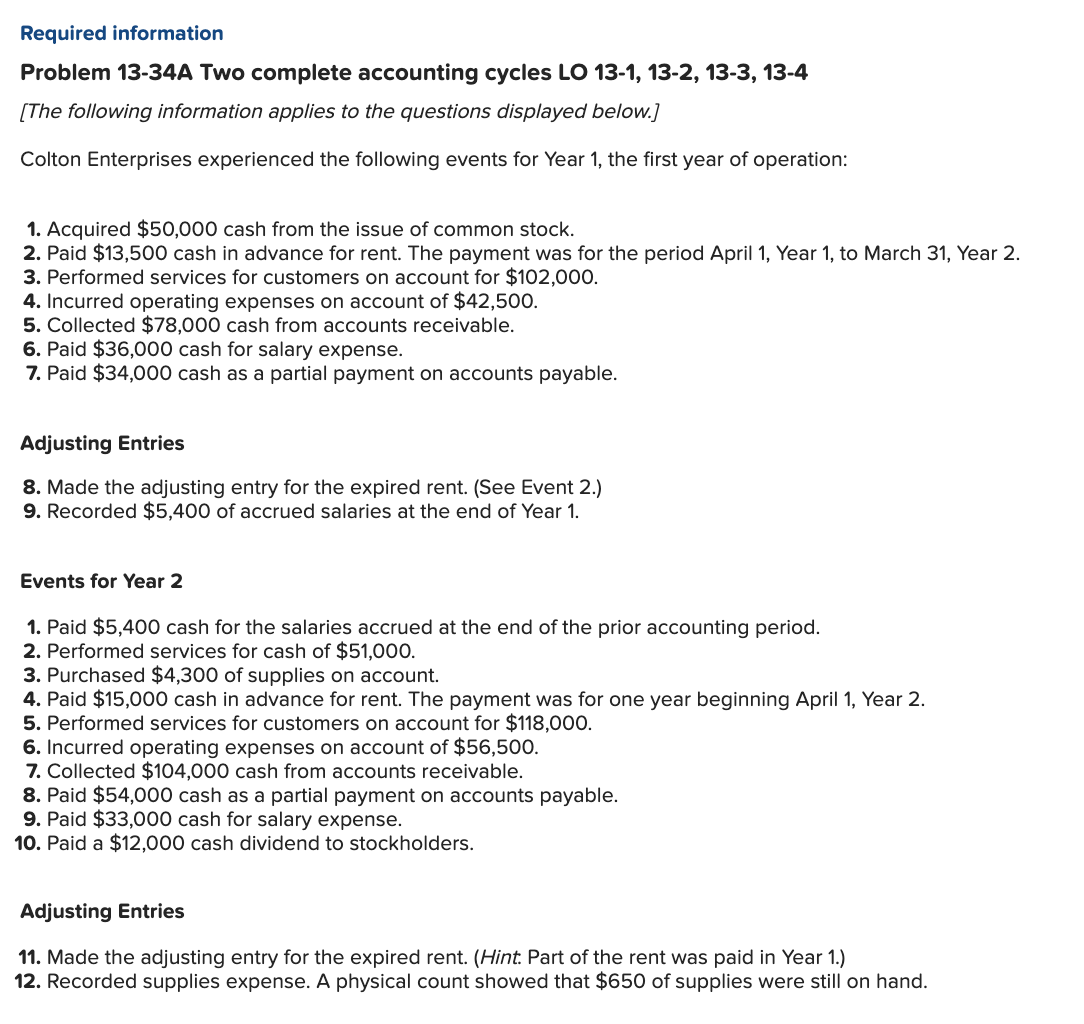  Required information Problem 13-34A Two complete accounting cycles LO 13-1, 13-2,