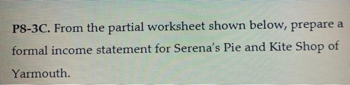 P8-3C. Serena's Pie and Kite Shop Partial Worksheet For the year Ended
