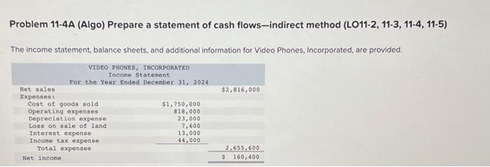  Problem 11-4A (Algo) Prepare a statement of cash flows-indirect method (LO11-2,