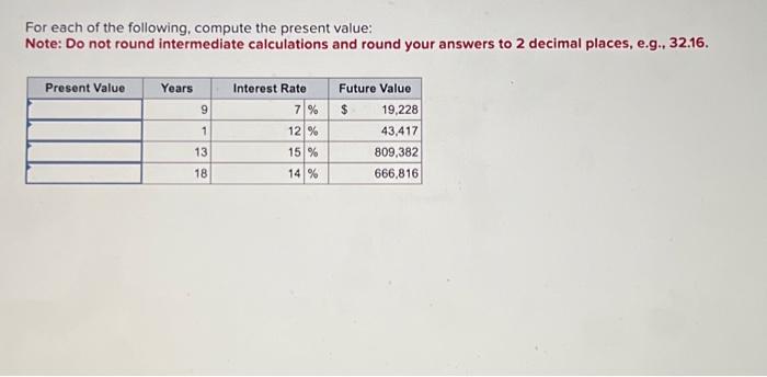  For each of the following, compute the present value: Note: Do