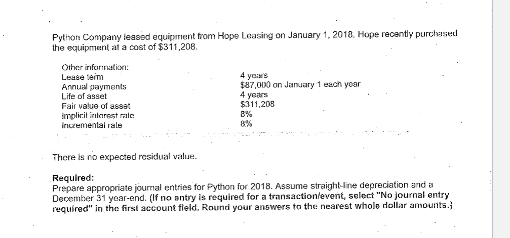  Python Company leased equipment from Hope Leasing on January 1, 2018.