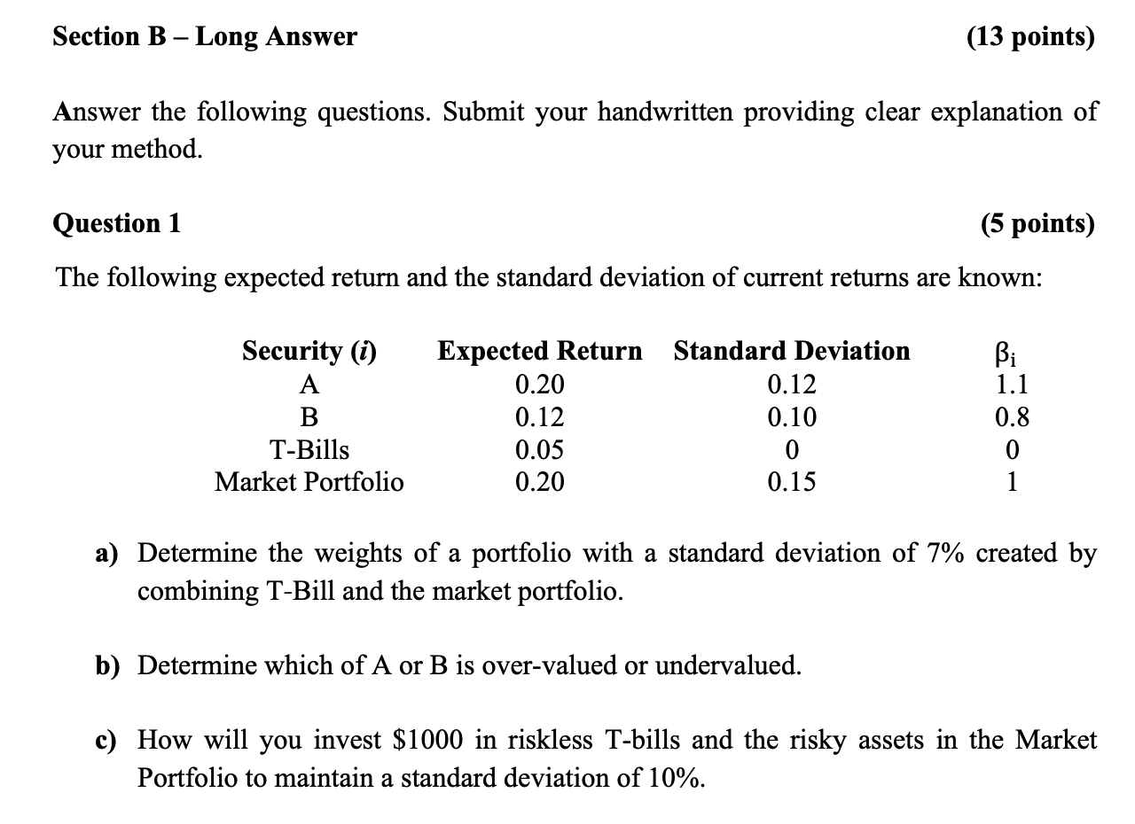 Without Excel and with process Section B - Long Answer (13 points)