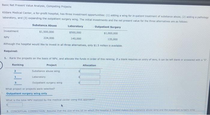  Basic Net Present Value Analysis, Competing Projects Kildare Medical Center, a