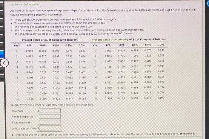  Net Present Value Method Opulence Corporation operates several large cruise ships.