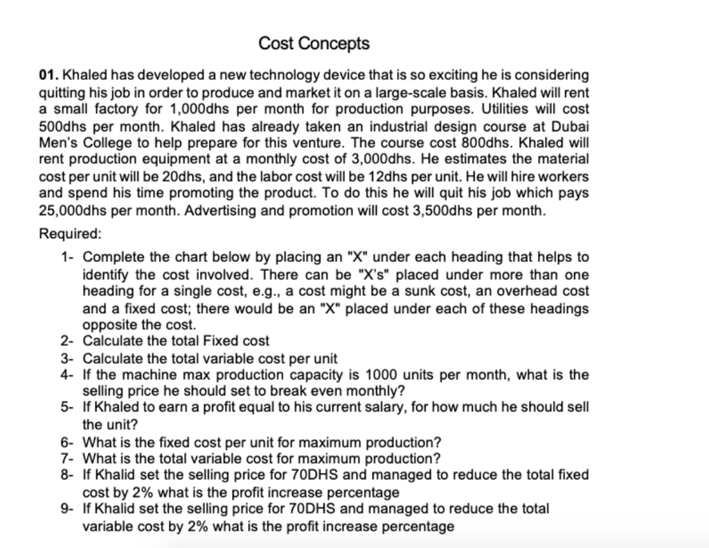  Cost Concepts 01. Khaled has developed a new technology device that