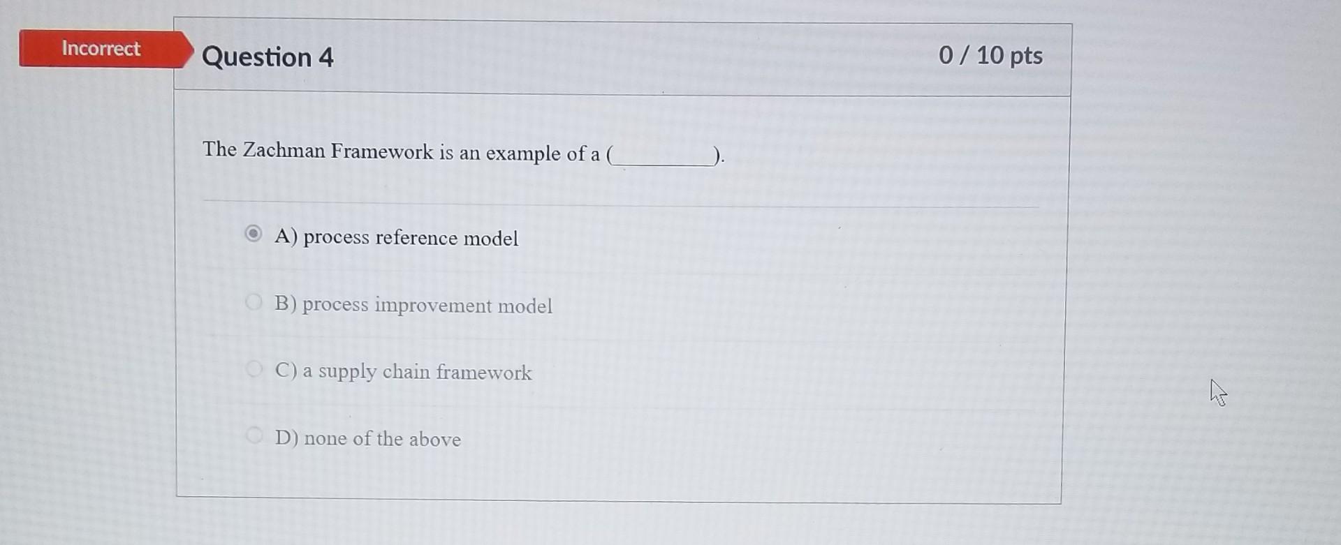 Incorrect Question 4 0 / 10 pts The Zachman Framework is