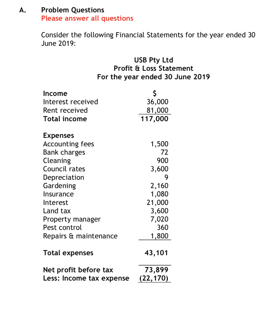  Problem Questions Please answer all questions Consider the following Financial Statements