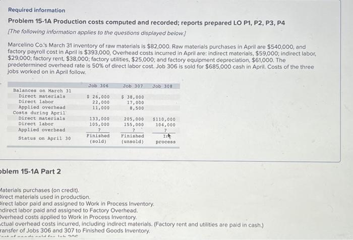  Required information Problem 15-1A Production costs computed and recorded; reports prepared