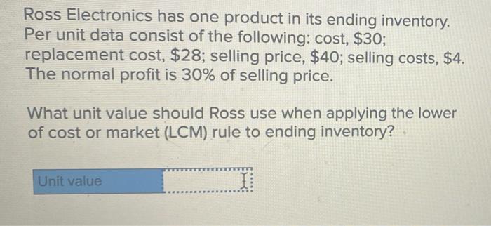  Ross Electronics has one product in its ending inventory. Per unit