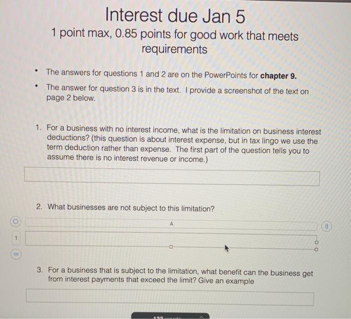  Interest due Jan 5 1 point max, 0.85 points for good