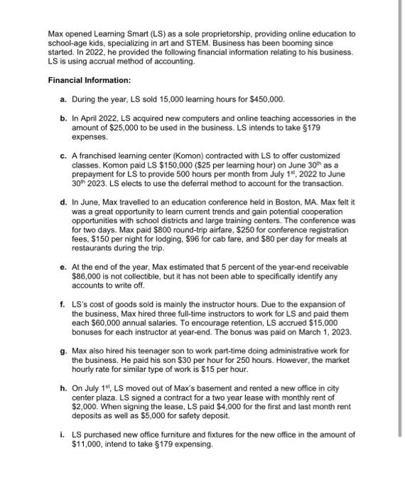  Max opened Learning Smart (LS) as a sole proprietorship, providing online