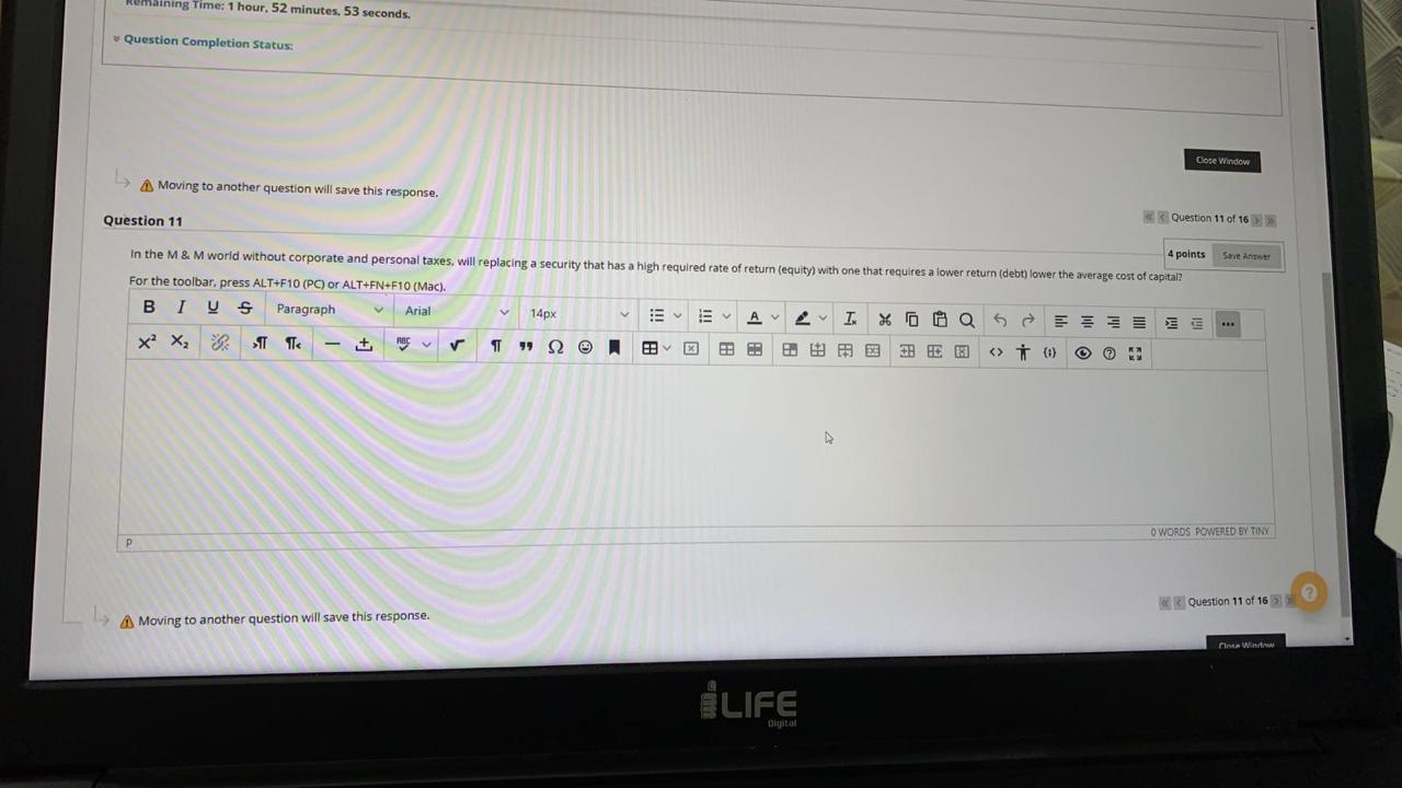  Romaining Time: 1 hour, 52 minutes, 53 seconds. Question Completion Status: