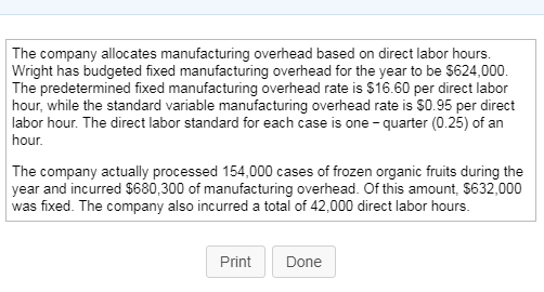 The company allocates manufacturing overhead based on direct labor hours. Wright