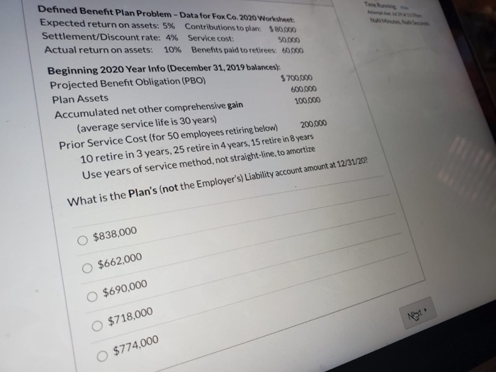  Defined Benefit Plan Problem - Data for Fox Co. 2020 Worksheet: