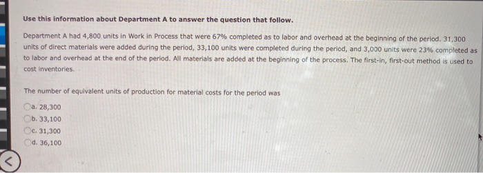  Use this information about Department A to answer the question that