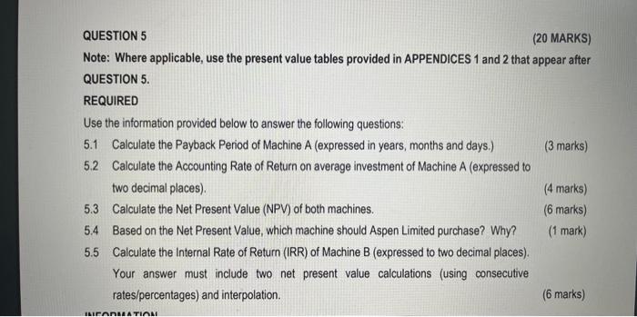 QUESTION 5 (20 MARKS) Note: Where applicable, use the present value