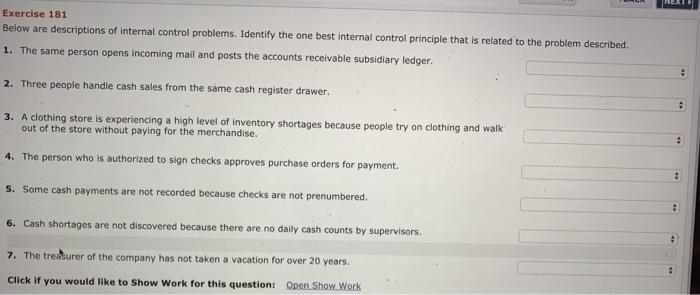  Exercise 181 Below are descriptions of internal control problems. Identify the