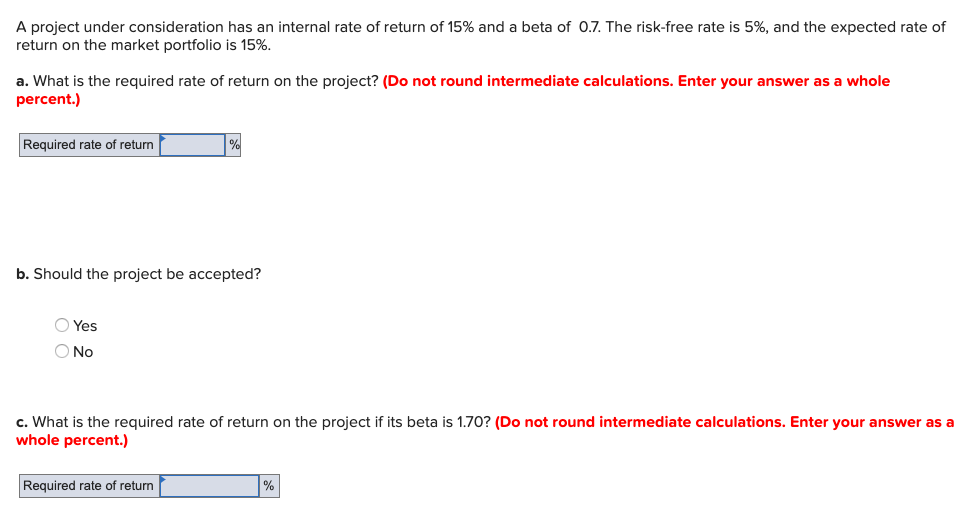 A project under consideration has an internal rate of return of