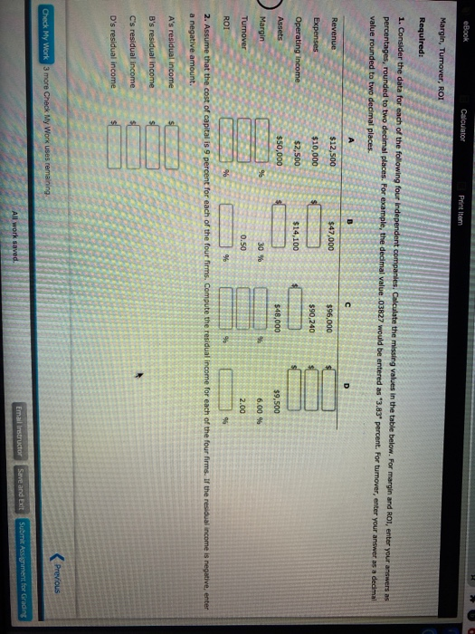 please answer ASAP eBook Calculator Print Item Margin, Tumover, ROI Required: 1.
