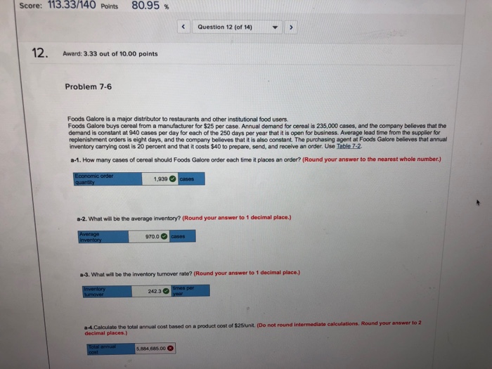  These are the missing the data for the previous problem Score: