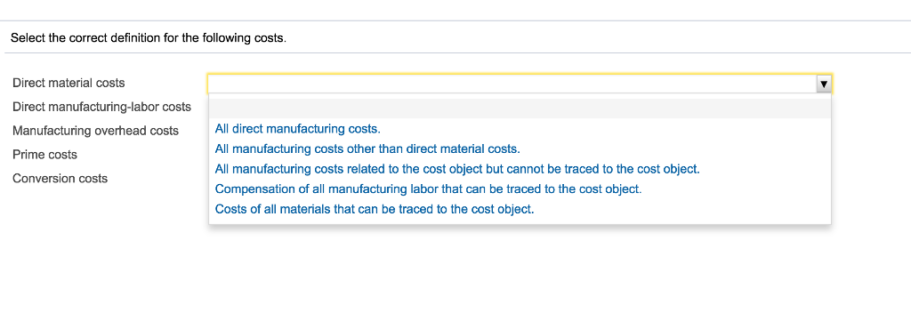 Select the correct definition for the following costs. Direct material costs