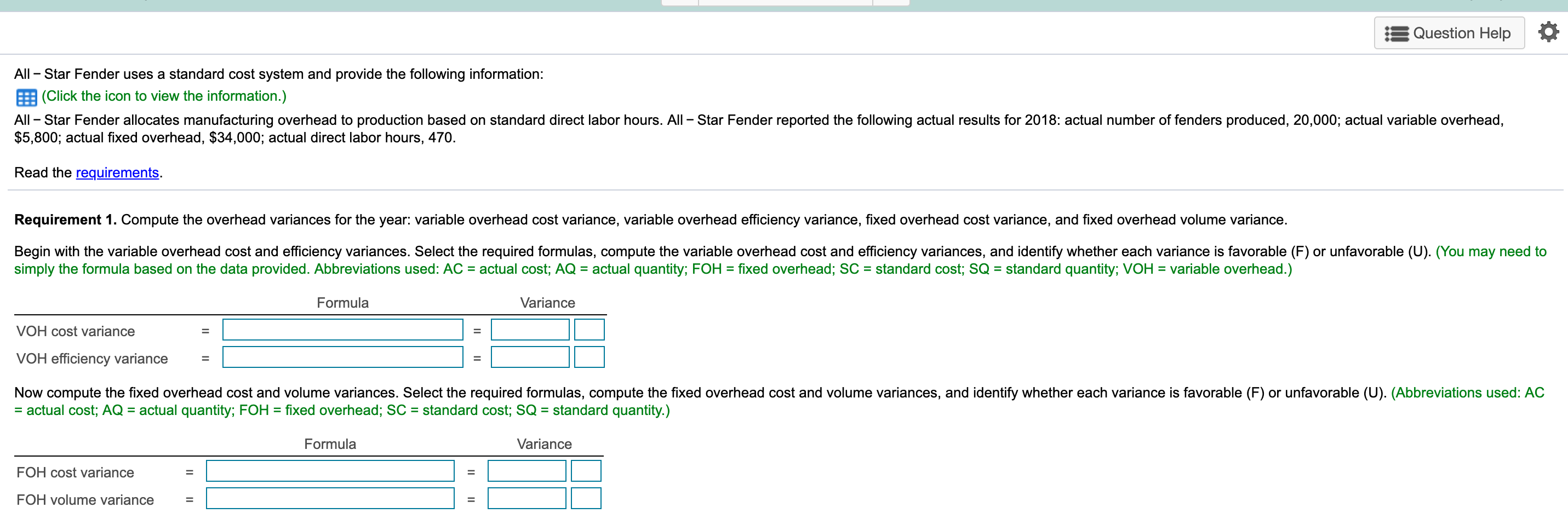  :: Question Help All Star Fender uses a standard cost system