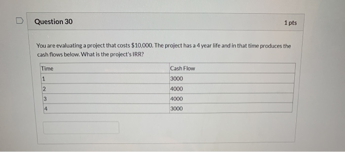  Question 30 1 pts You are evaluating a project that costs