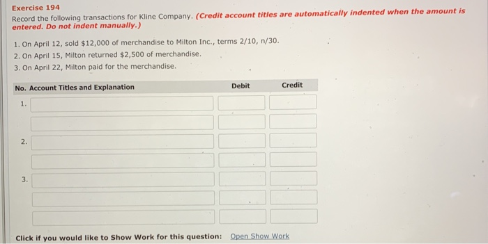  Exercise 194 automatically indented when the amount is Record the following