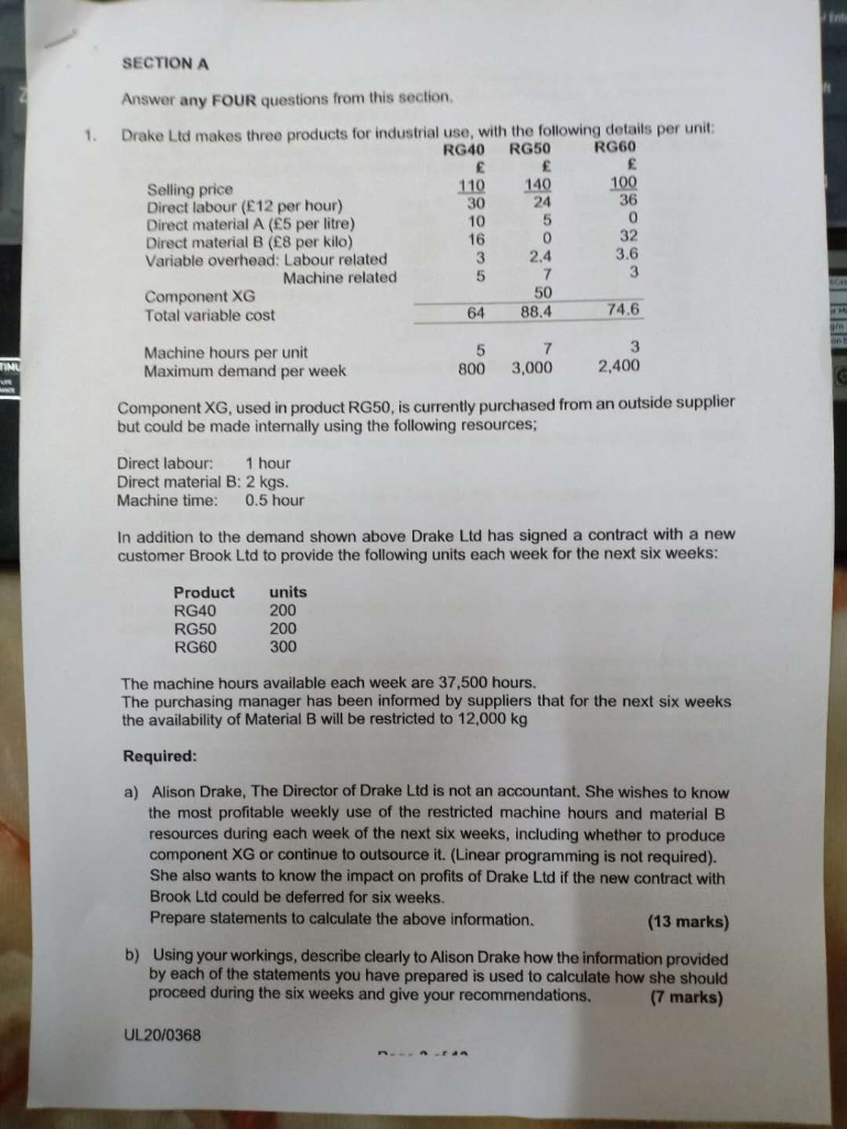  SECTION A 1. Answer any FOUR questions from this section Drake