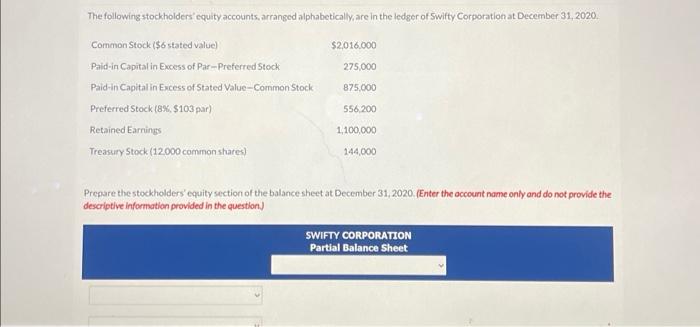  create a partial balance sheet Prepare the stockholders equity section of
