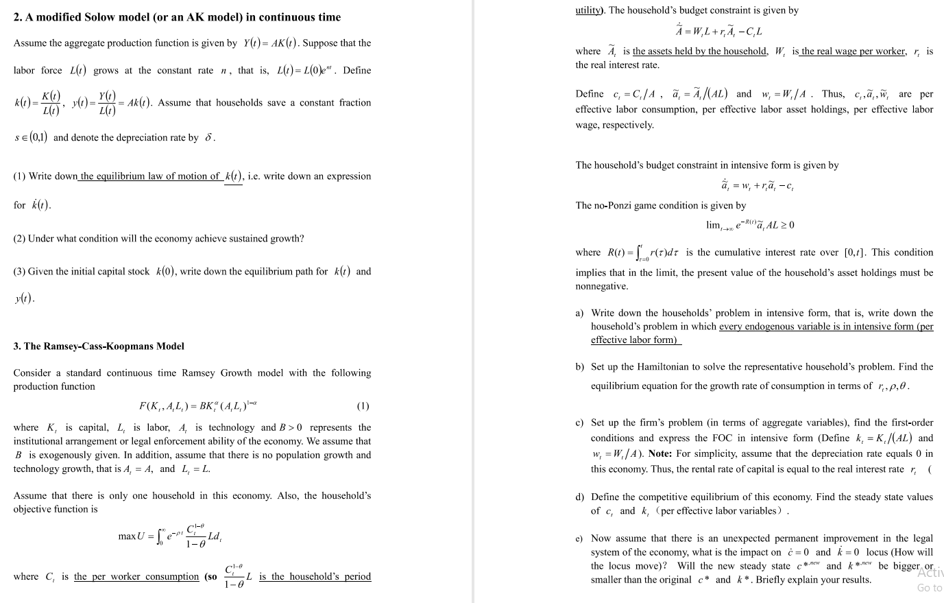 2. A modified Solow model (or an AK model) in continuous