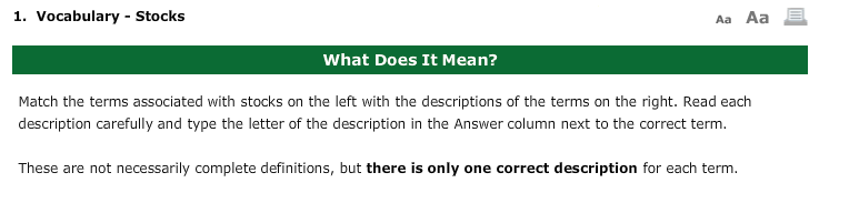  1. Vocabulary - Stocks Aa Aa E What Does It Mean?