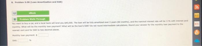  8. Problem 5.08 (Lean Amortization and EAR) E eBook A-Z H