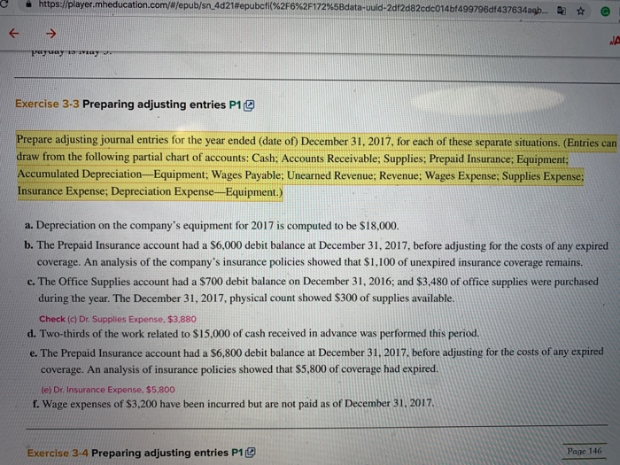  https ://player, h education.com/#/epub/s 4d21#epubcfi(%2F6%2F172%5Bdata uuid-2df2d82cdc014bf499796df437634ag Exercise 3-3 Preparing adjusting entries