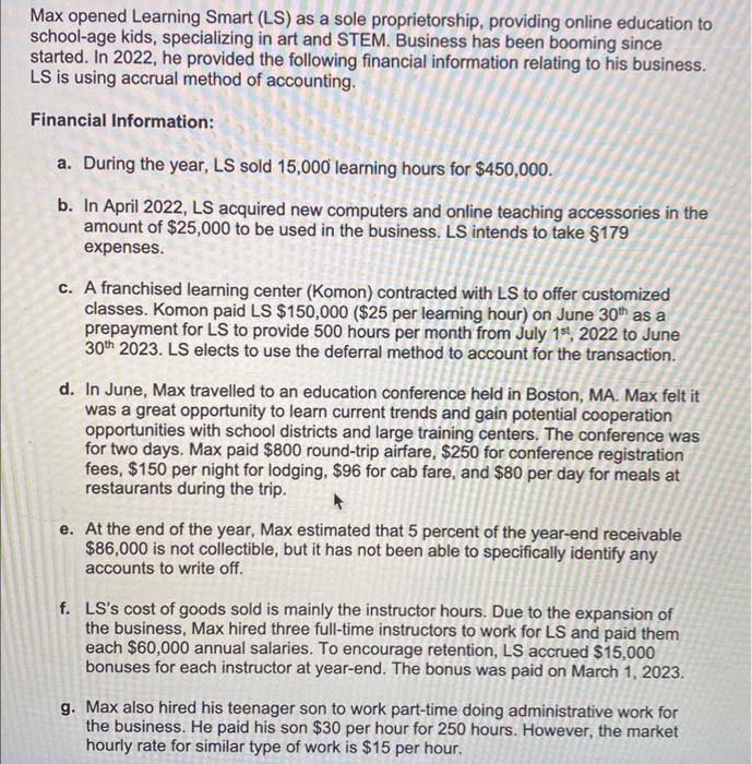  Max opened Learning Smart (LS) as a sole proprietorship, providing online