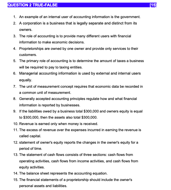  just answer if its T or F QUESTION 2 TRUE-FALSE [15]