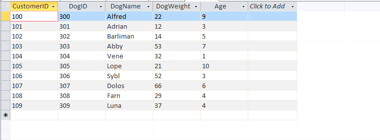 prompts for a specific dog's name and then shows columns for the