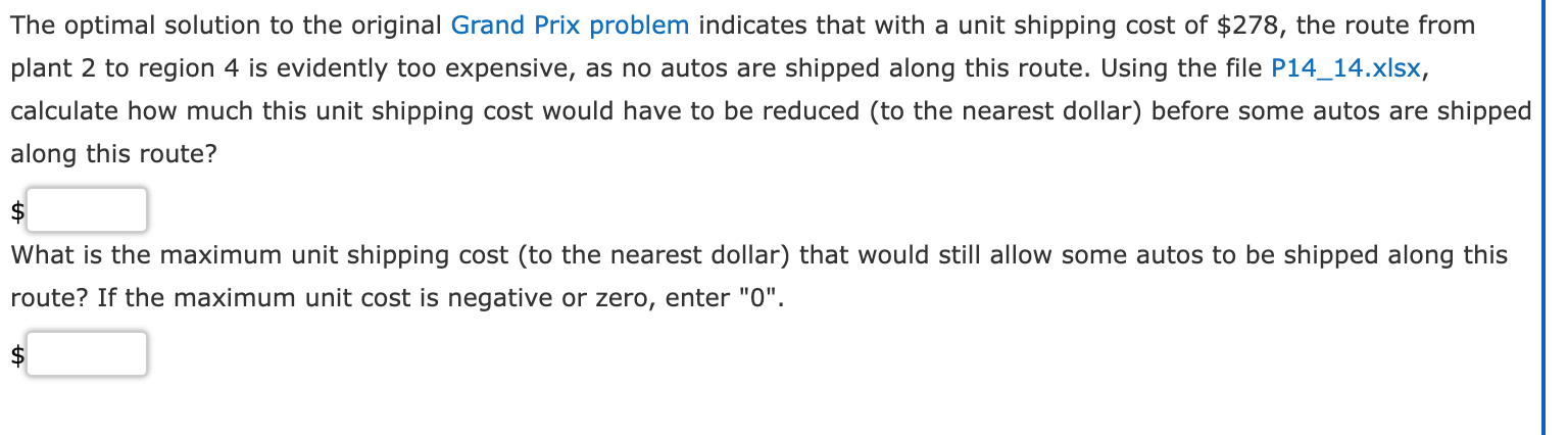  The optimal solution to the original Grand Prix problem indicates that
