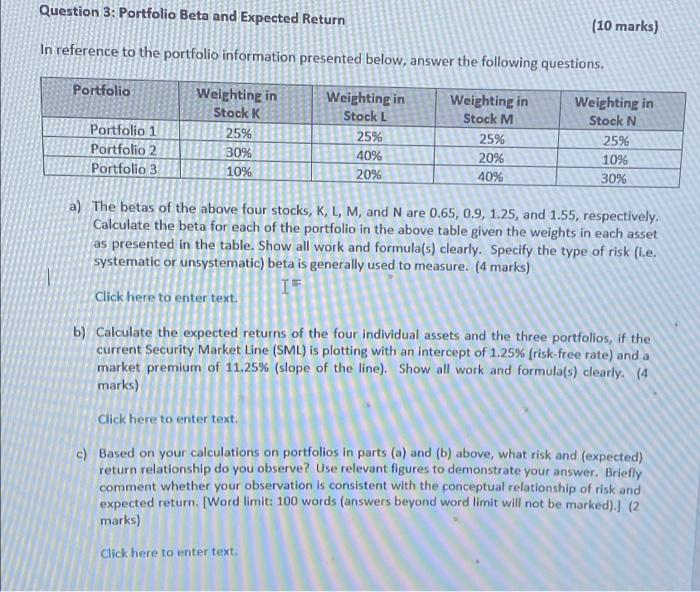  Question 3: Portfolio Beta and Expected Return (10 marks) In reference