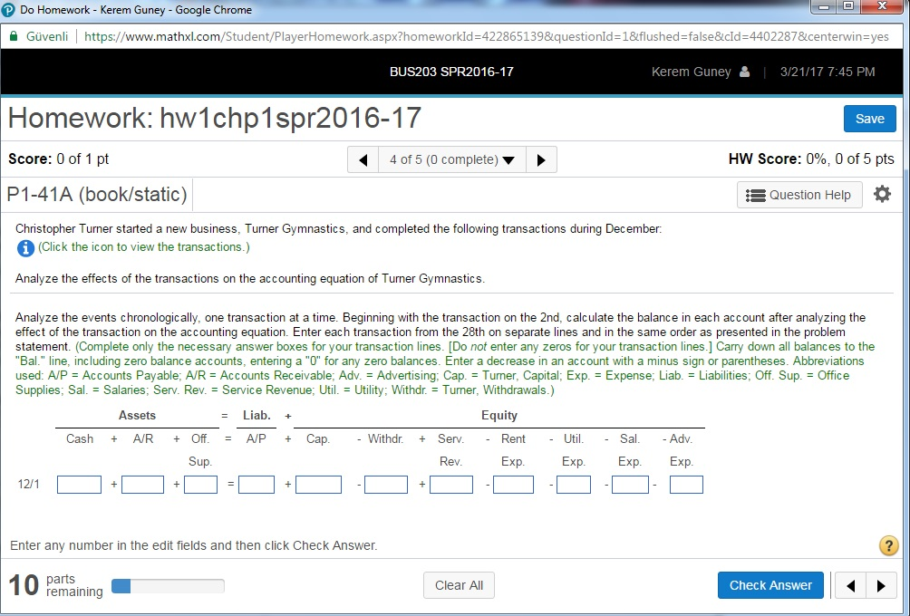 E1-26 (book/static) More info Indicate the effects of the following business transactions