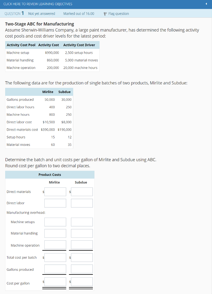  CLICK HERE TO REVIEW LEARNING OBJECTIVES QUESTION 1 Not yet answered