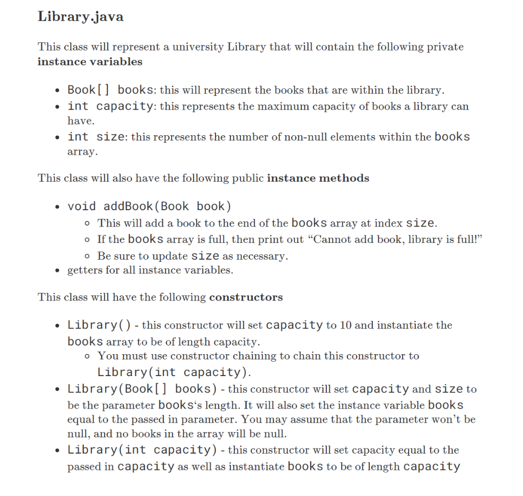  Library.java This class will represent a university Library that will contain