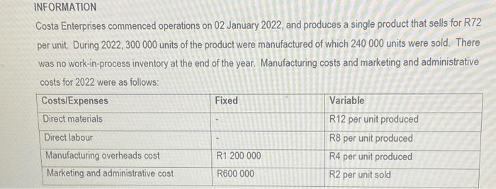 Statement of Costa Enterprises for the year ended 31 December 2022 using