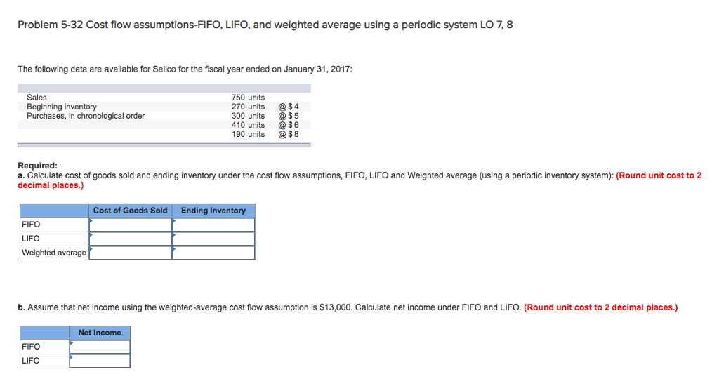 Problem 5-32 Cost flow assumptions-FIFO, LIFO, and weighted average using a