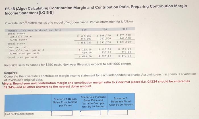  E5-18 (Algo) Calculating Contribution Margin and Contribution Ratio, Preparing Contribution Margin